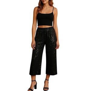 Michael Kors Black Sequin Wide Leg Cropped Pants‎ Women's Size M